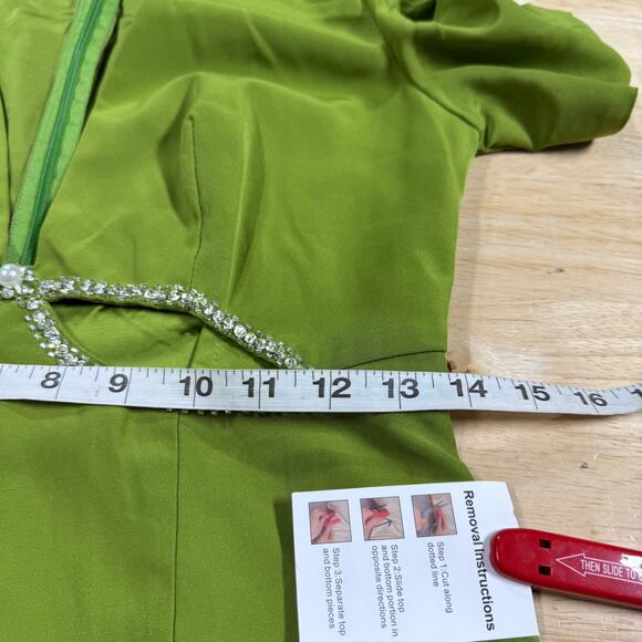 Mac Duggal NWT Plunge Neck Puff Sleeve Beaded Cut Out Gown Green Apple Size 2 - Picture 8 of 11